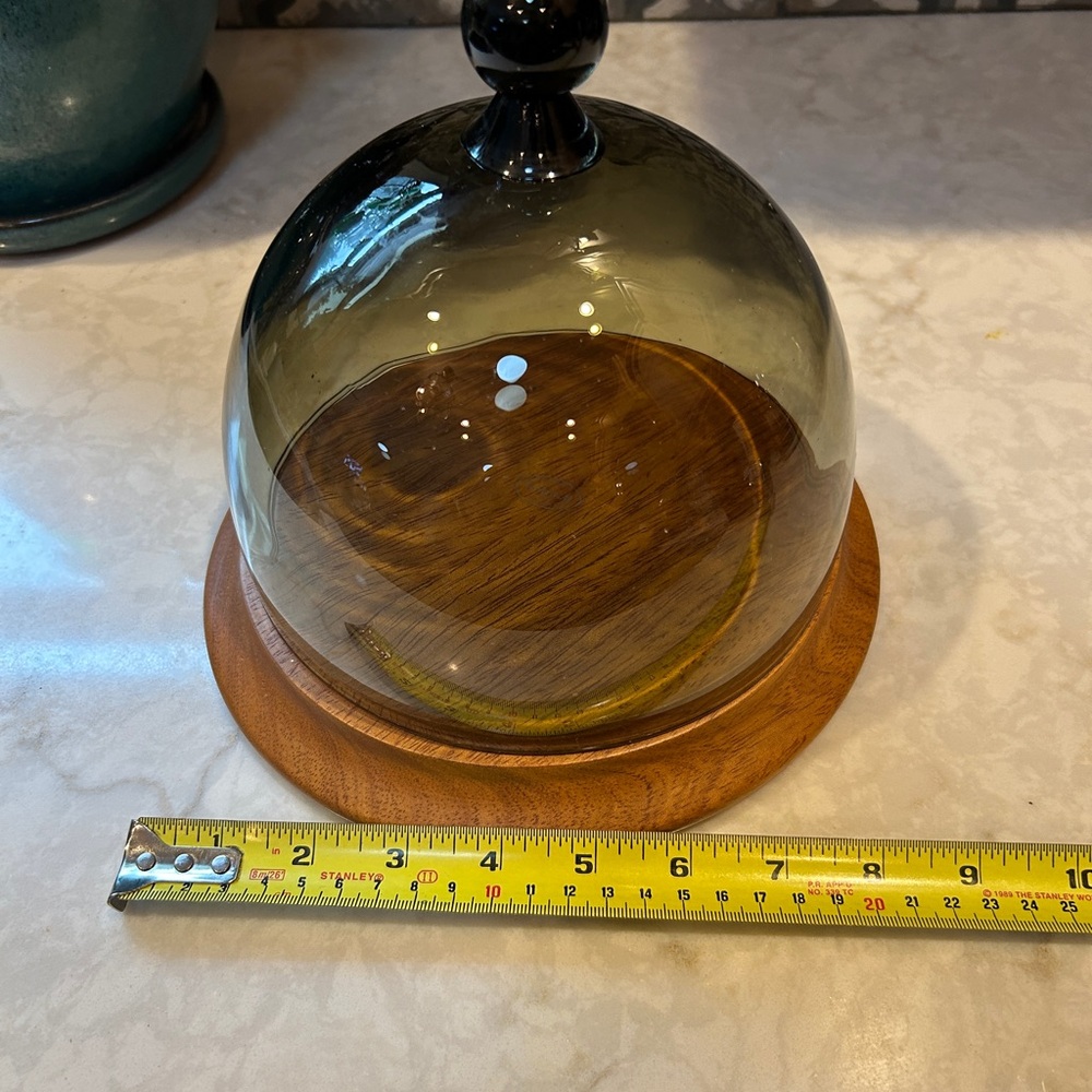 Mid-Century Modern Smoky Glass Dome Cloche with Wooden Base-EUC - Picture 5 of 9